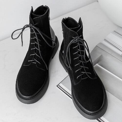Womens cow leather suede leather patchwork lace-up autumn ankle boots back zip punk motorcycle boots casual short booties shoes