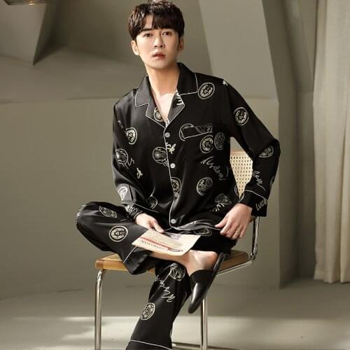 Long Sleeve & Pants Sleepwear Man Clothes Pajamas Set Turn Down Collar Pijamas Set Fashion Casual Luxury Satin Silky Nightwear