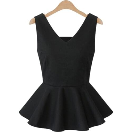 Customized New Fashion Womens Plain Stretchy Sleeveless V Collar Vest T-shirt Woman Casual Peplum Ruffles Top (3XS-8XL)