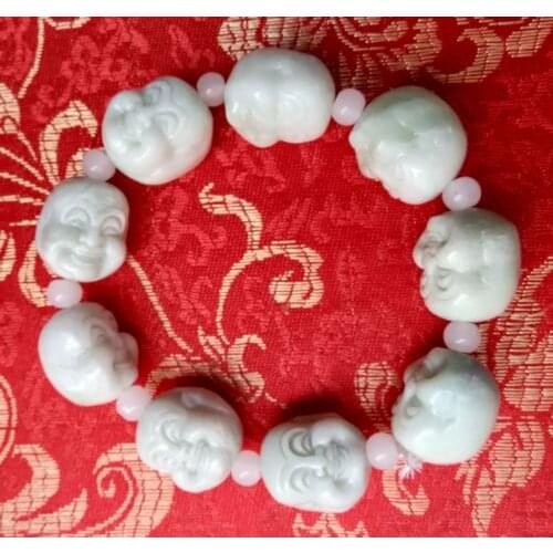 Chinese Hand Carved Jade Buddhist Bracelet Laughing Buddha Maitreya Buddha Exquisite Small Statues Bracelet