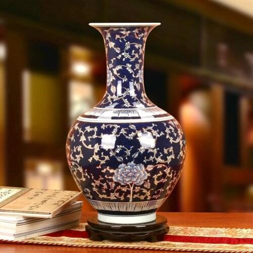 Classic Chinese Ceramic Vase Jingdezhen hand-painted Peony Blue and White Porcelain Vase With Gilt Decoration Vases