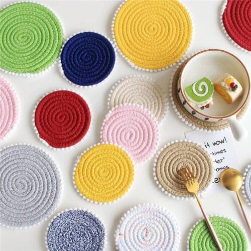 Round Cotton Rope Insulation Pad With Pompom Dining Table Mat Disc Bowl Placemat Pot Holder Drink Cup Coaster Kitchen Home Decor