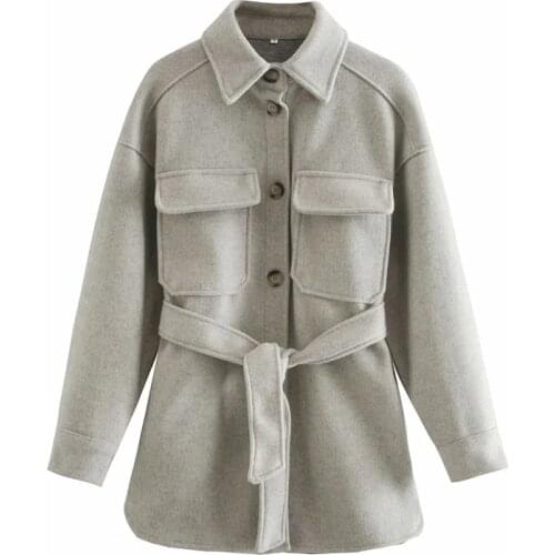 Merodi Women Vogue Double Pockets Za Solid Thick Jackets Oversize Chic Lady Stylish Long Sleeve Woolen Loose Coats With Belt