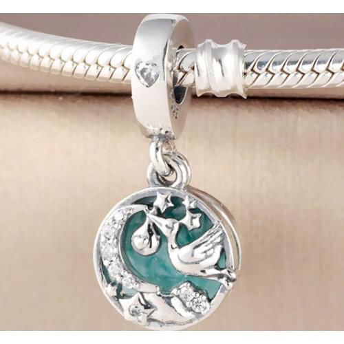 Original Shimmering Blue Enamel Stork & Twinkling Stars Pendant Beads Fit 925 Sterling Silver Charm Bracelet Diy Jewelry