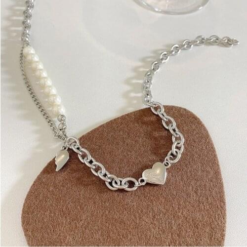 Origin Summer Hiphop Stainless Steel Love Heart Chunky Chain Pendant Necklace for Women Simulation Pearl Beaded Necklace Jewelry