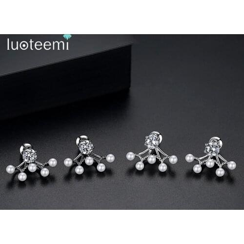 LUOTEEMI Unique Design Irregular Stud Earrings for Elegant Women Wedding Party Imitation Pearl with Cubic Zircon Fashion Jewelry