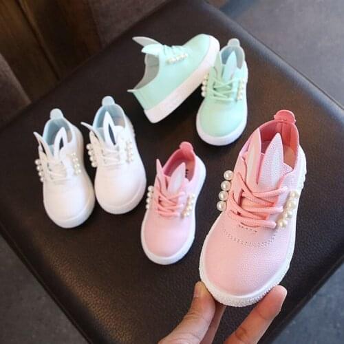 Spring Autumn Children Shoes Toddler Girls Cute Pearl Rabbit Ear Sneakers Casual Lightweight Breathable Shoes For Little Girls