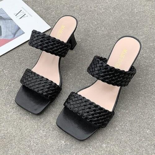 2021 Women Square Toe Slides Summer New PU Leather Sexy High Heel Slippers Ladies Rome Woven Zapatos De Mujer Womens Shoes 35-42