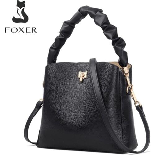 FOXER Fashion Ladies Bucket Handbag Fall Winter Women Genuine Leather Shoulder Bag Commute Casual Female Crossbody Bag Purse