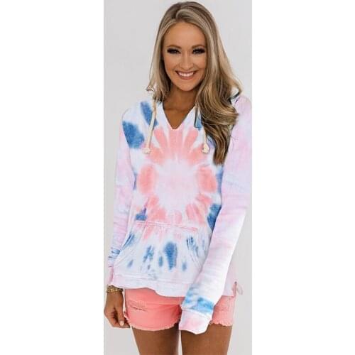 Trending Tie-dye Printring Sweatshirt Women Oversize Sweatshirt Autumn Clothes Long Sleeve V Neck Casual Pullover Hooded Tops