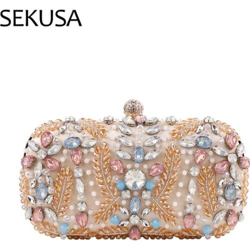 Embroidery Beaded Evening Bags Rhinestones Wedding Bridal Handbags With Chain Shoulder Party Purse Plastic Clutch Holder