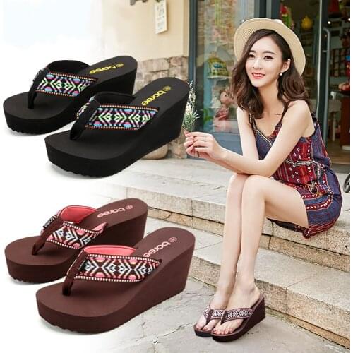 BOREE Womens Flip Flops Beach Slippers Bohemia Summer Shoes Ladies With Heel Outdoor Anti-slip Wedges Platform Slipper Female