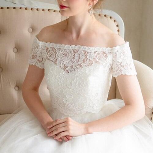 Off Shoulder Lace Wedding Bolero 2020 Short Sleeves with Zipper Buttion Back Bridal Jacket Women Shawl Boat Neck Shrug
