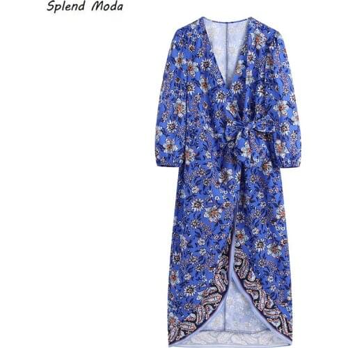 Splend Moda Autumn 2021 Chic Vintage Flower Print Dress V-Neck Wrap-Up Lace-Up Long-Sleeve Women Dress Vestido Fashion Female
