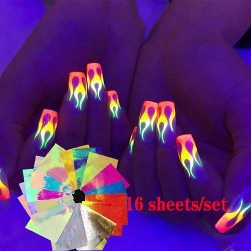 16sheets/set 3D nail art decorations nail art holographic laser butterfly flame sticker nail glitter sequin peeling technique