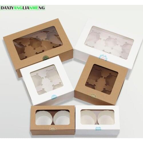 20pcs/lot 9/24/16x16x7.5cm 2/6/4 Cupcakes boxes with PVC Window, Cookie packaging boxes, kraft cardboard Square Muffin Boxes 2c