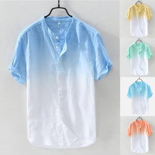2021 Summer Mens Shirt Cotton Linen Loose Casual Vintage Gradient Blouse Shirt Men Short Sleeve Button Harajuku Beach Tops