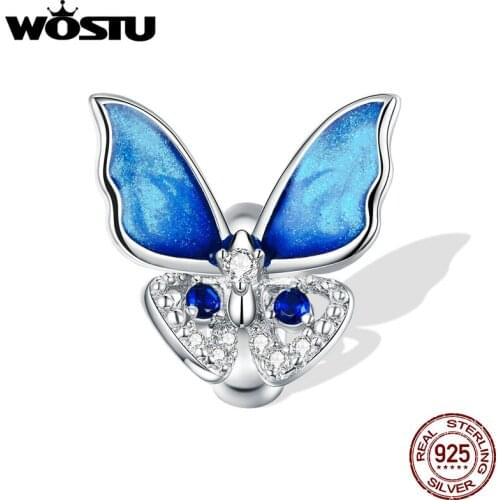 WOSTU 925 Sterling Silver Charms Simple Butterfly Blue Zircon Beads Fit Women Original DIY Bracelet Accessories Jewelry DAC405