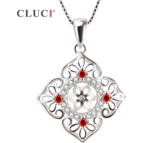 CLUCI 925 Silver Zircon Inserted flower Charm Pendant Necklace with 4 Red Zircons 925 Sterling Women Gift Elegant style SP192SB