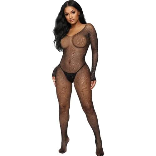 Women Pole Danc Clubwear Plus Size Rhinestone Sparkly Fishnet Body stocking Sheer Tight Hot Drilling Bodysuit Nets