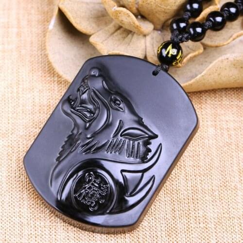 FYJS Unique Black Obsidian Stone Engraved Wolf Pendant Handmade Beads Chain Necklace Animal Jewelry
