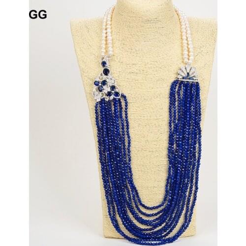 GG Jewelry Beautiful 30" White Pearl Blue Agate Necklace CZ Pendant