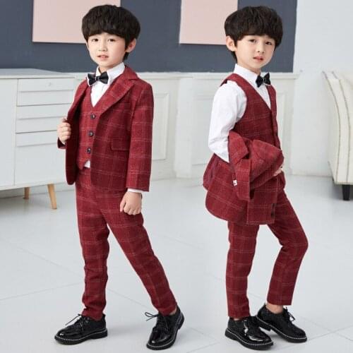 Formal Children Dress plaid Suit Set Flower Boy Plaid Blazer Vest Pants 3pcs Clothes Set Kids Wedding Party Performance Costume
