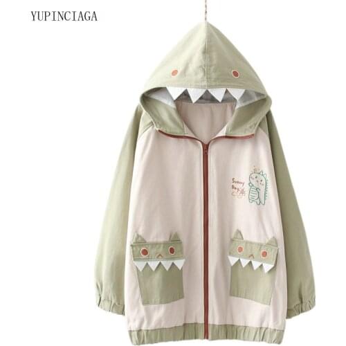 2021 Spring Summer Preppy Style Women Hooded Patchwork Pockets Jacket Coat Cute Dinosaur Embroidery Girls Casual Outerwear 13771