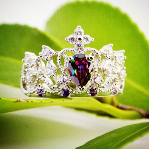 Lingmei DropShipping New Gorgeous Crown Shaped Princess Jewelry Multi & Sea blue Zircon Silver Color Ring Size 6 7 8 9 10 11