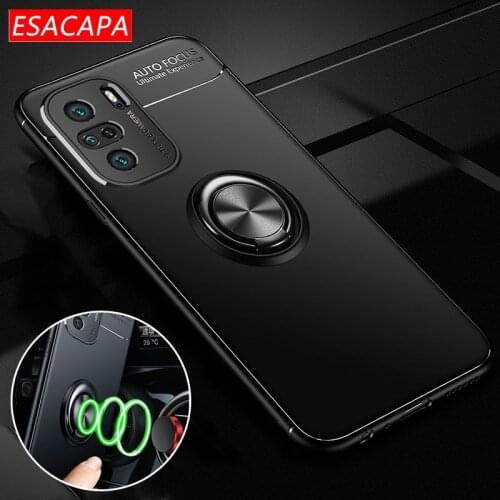 For POCO F3 Case Matte Soft Silicone Metal Finger Ring Holder Phone Case for Xiaomi Redmi K40 Pro Shockproof Protection Cover