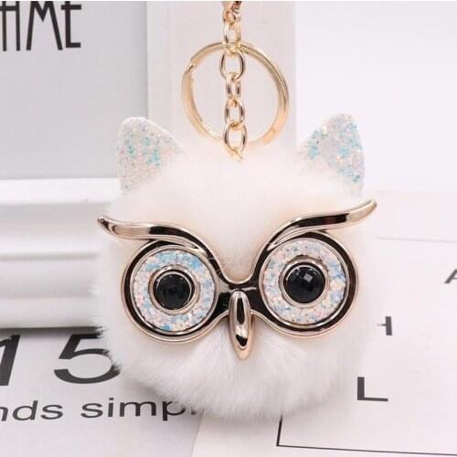 Cute Cartoon Owl Fluffy Rabbit Fur Plush Ball Pom Pom Pendant Key Chain For Bag Car Trinket Animal Keychain Handbag Key Ring
