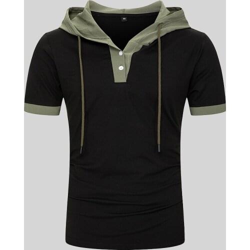 Men Cool Summer T-Shirt Casual Short sleeve Tops hooded Hoodies Splicing Pullover fashion Sweatshirt T-Shirts Henry Collar Tee