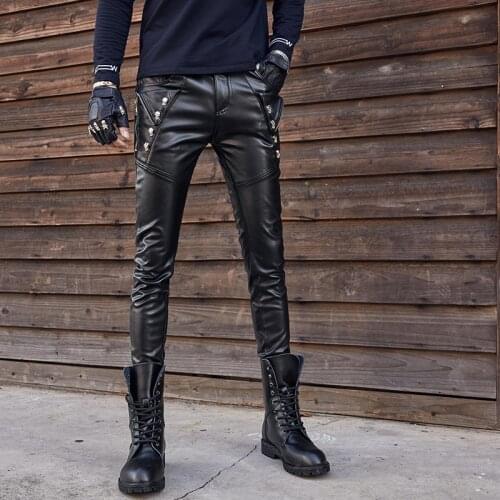 Mens Leather Pants Trendy Autumn and Winter New Slim-Fit PU Leather Motorcycle Pants