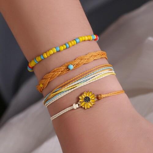 Boho Style Bracelets Set Small Daisy Wax Thread Woven Color Four-piece Bracelet Fashion Jewelry Wholesale