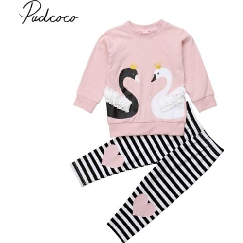 2018 Brand New 1-6Y Autumn Toddler Baby Girls Clothes Sets 2PCS 3D Swan Long Sleeve Pullover Pink Sweatshirt+Striped Heart Pants