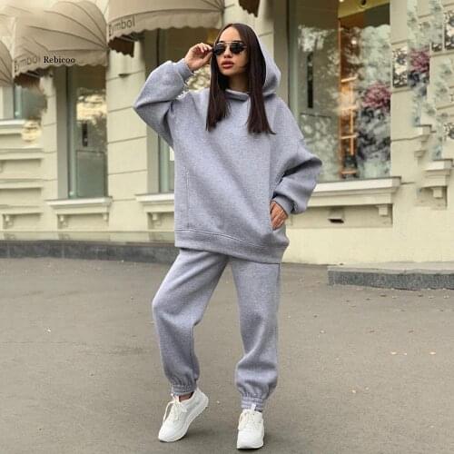 Autumn and winter new fashion solid color hoodie casual two-piece suit ladies leisure sports two-piece suit