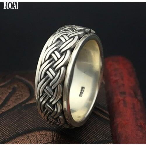 BOCAI New Real S925 sterling silver jewelry fashion retro Thai silver man ring hemp rope simple rotating silver ring