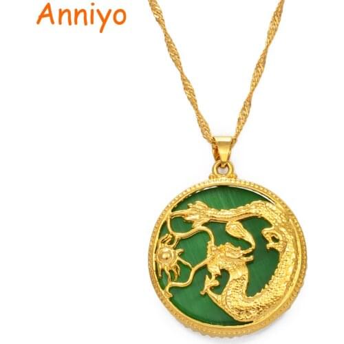 Anniyo Green Stone Charm Dragon Pendant Necklaces Women Amulet Chinese Culture Style Elements Necklace Jewelry New Style #002936