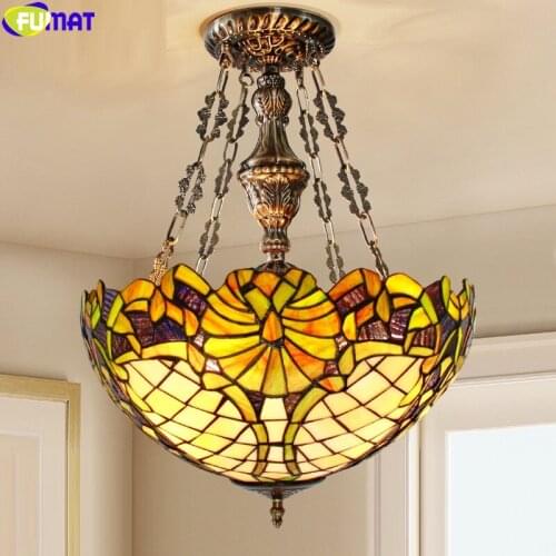FUMAT Tiffany Style Pendant Lamp Stained Glass Reverse Chandelier Multicolor House Decor Handicraft Art Light Classical Nordic