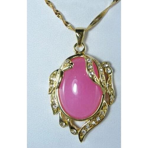Pink Jade Crystal Phoenix Peacock Peafowl Yellow Gold Plated Pendant & Necklace