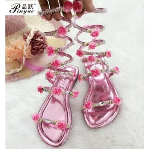 Women Summer Shoes Pink Flat Wedge Platform Sandals High Heels Snake Strap Crystal Women Gladiator Sandals Sexy Shoes
