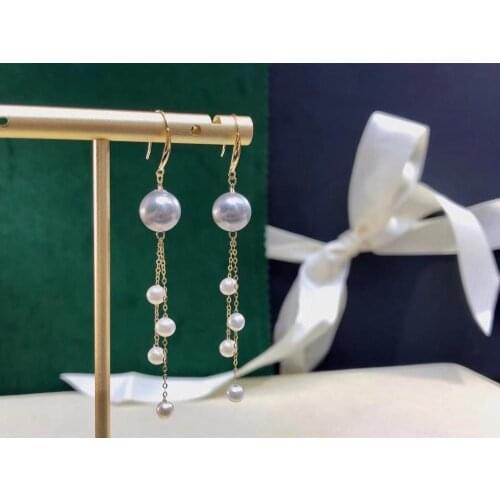 D609 Pearl Earrings Fine Jewelry Solid 18K Gold Round 3-4mm/8mm Nature Sea Water Silver Gray and White Pearls Drop Earrings