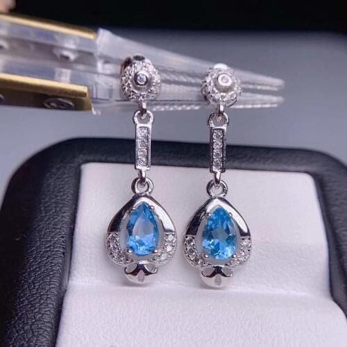 Natural blue topaz drop earrings S925 silver natural Gemstone drop earrings Restoring geometry Peach Women party gifts jewelry