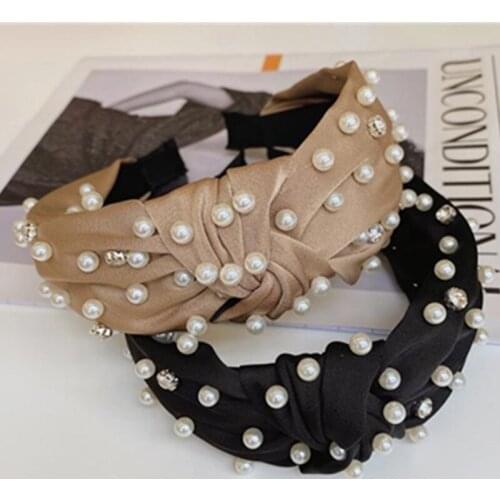 Wide Headband Pearls Solid Silk Satin Knot Hairband Adults Headwear Women Hair Accessories Outdoor Head Band Hair Ornament