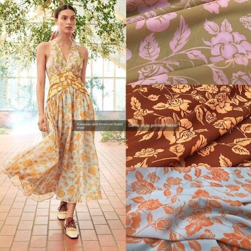 D2021 new style European and American style show field brand same style velvet crepe de chine print dress sub-cloth fabric