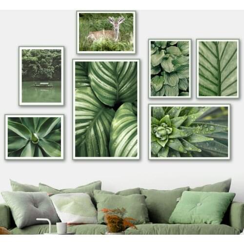 Green Plant Leaf Lake Deer Forest Natural Wall Art Canvas Painting Nordic Posters And Prints Wall Pictures For Living Room Decor