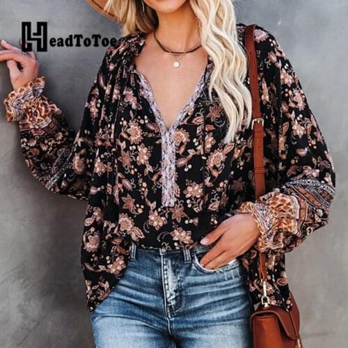 Floral Print Ruffles V Neck Blouse Tops Women Lantern Long Sleeve Casual Blouses