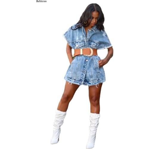 Loose Slim Mid Length Denim Vest Coat with Belt Women Turn Down Collar Tassel Short Sleeve Buttons Pockets Jeans Jacket