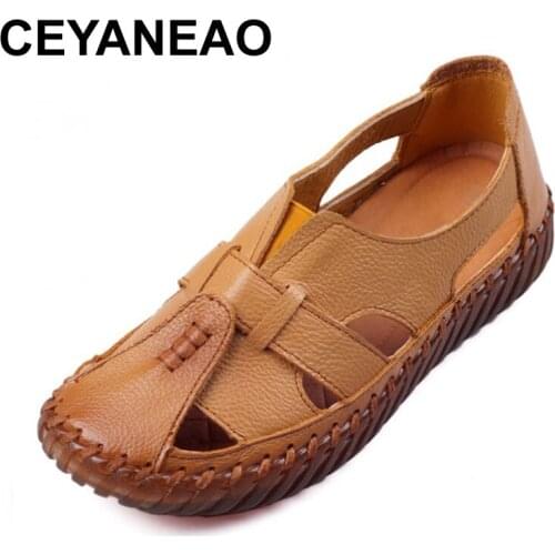 CEYANEAO Womens Sandals 2018 Summer Genuine Leather Handmade Ladies Shoe Leather Sandals Women Flats Retro Style Mother Shoes