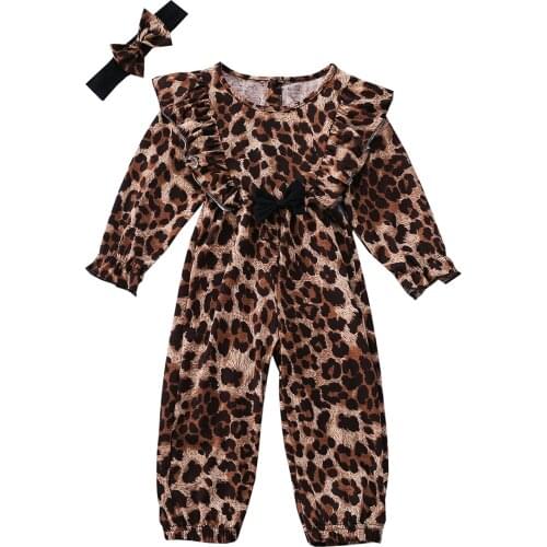 3-8Y Girls Casual Two-piece Clothes Set Leopard Print Pattern Long Sleeve Jumpsuit Overalls and Headdress Autumn Outfit